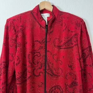 Y2K Draper's & Damon's Zip Up Knit Jacket Red Metallic Floral Paisley LARGE USA
